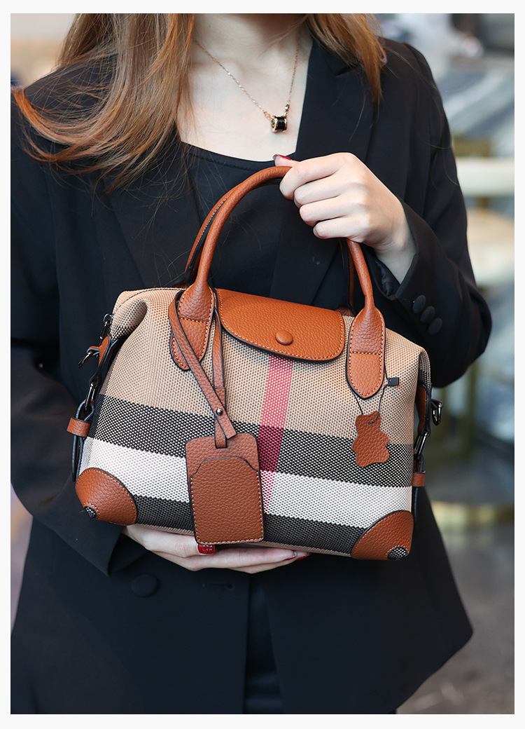hot tote bag new Checked canvas with genuine leather versatile women's bag, handbag shoulder bag crossbody bag stylish flip - top splicing