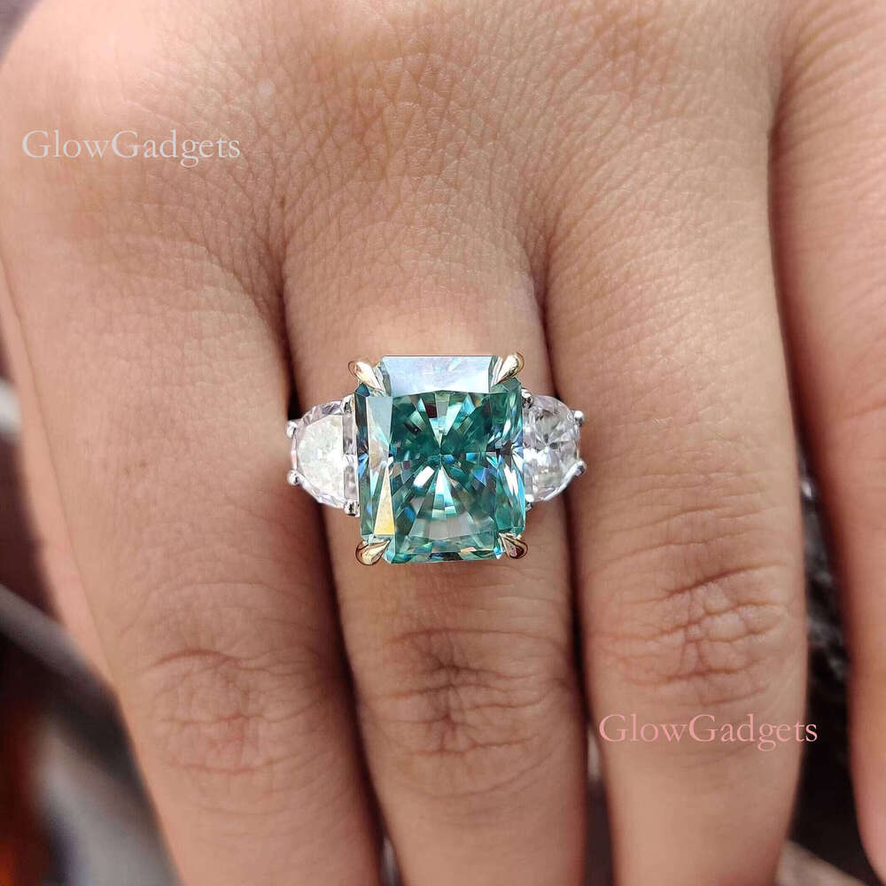 Pass Tester Green Radiant Cut Moissanite Engagement Dropshipping Custom Vvs Dia Three Stones Ring Jewelry