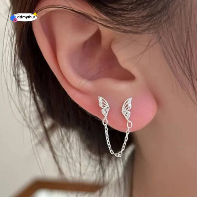 Tiny Sweet Butterfly Stud Earrings for Women Simple Korean Double Ear Hole Tassel Chain Earring Party Jewelry ddmythur