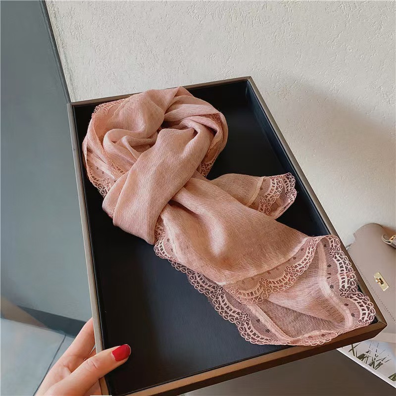 T677 French retro lace edge cotton and linen scarf female spring new style solid color narrow silk scarf summer sun protection