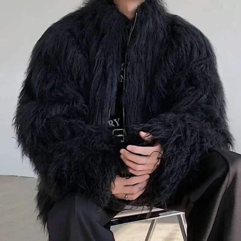 FEWQ Men's Fur Clothing Cotton Jacket Fashion Solid Color 2024 Autumn Winter New Trendy Menwear Stand Collar Loose Top 9C3655