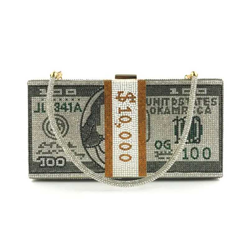 Money Clutch Rhinestone Purse 10000 Dollars Stack Cash Evening Handbags Shoulder Wedding Dinner Bag 2024 women bag wallet Z250510