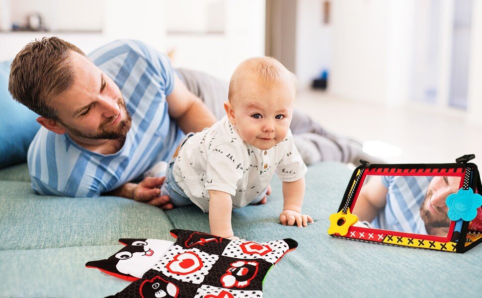 Tummy Time Baby Mirror Toys with Black and White Pattern, High Contrast Activity Play Crinkle Toys Baby Mirror for Newborn 0 3 6 Months