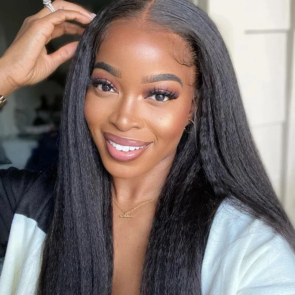 Yaki 2024 Kinky Hair Human 280% Density Straight Pre Plucked For Woman 1B Natural Black Color 13X4 HD Lace Front Wig Hairline Glueless 280%