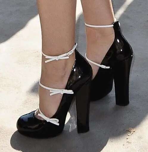 round toe single straps bow detail pumps runway block high heels buckle casual women sexy elegance shoes classic black and white
