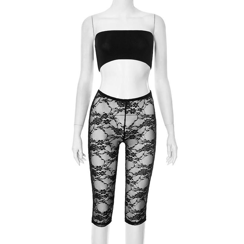 Mesh Patchwork Sexy 2 Piece Set Women Strapless Crop Tops+Skinny Peach Hip Shorts Midnight Club Party Suits