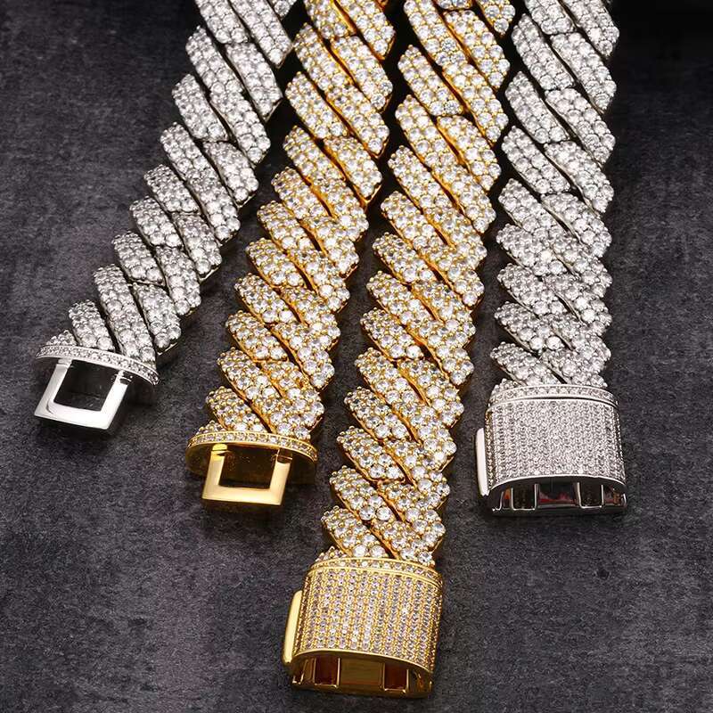 S925 Sterling Silver High Quality 20MM Diamond Cuban Link Chain Three Row VVS Moissanite Hip Hop Cuban Link Chain Necklace