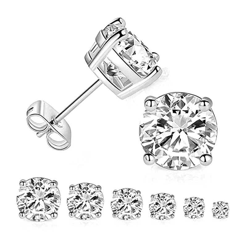 925 Sterling Silver CZ Stud Earrings for Women Classic 4-Prong Round Cut Hypoallergenic Ear Piercing Jewelry Wholesale Gift