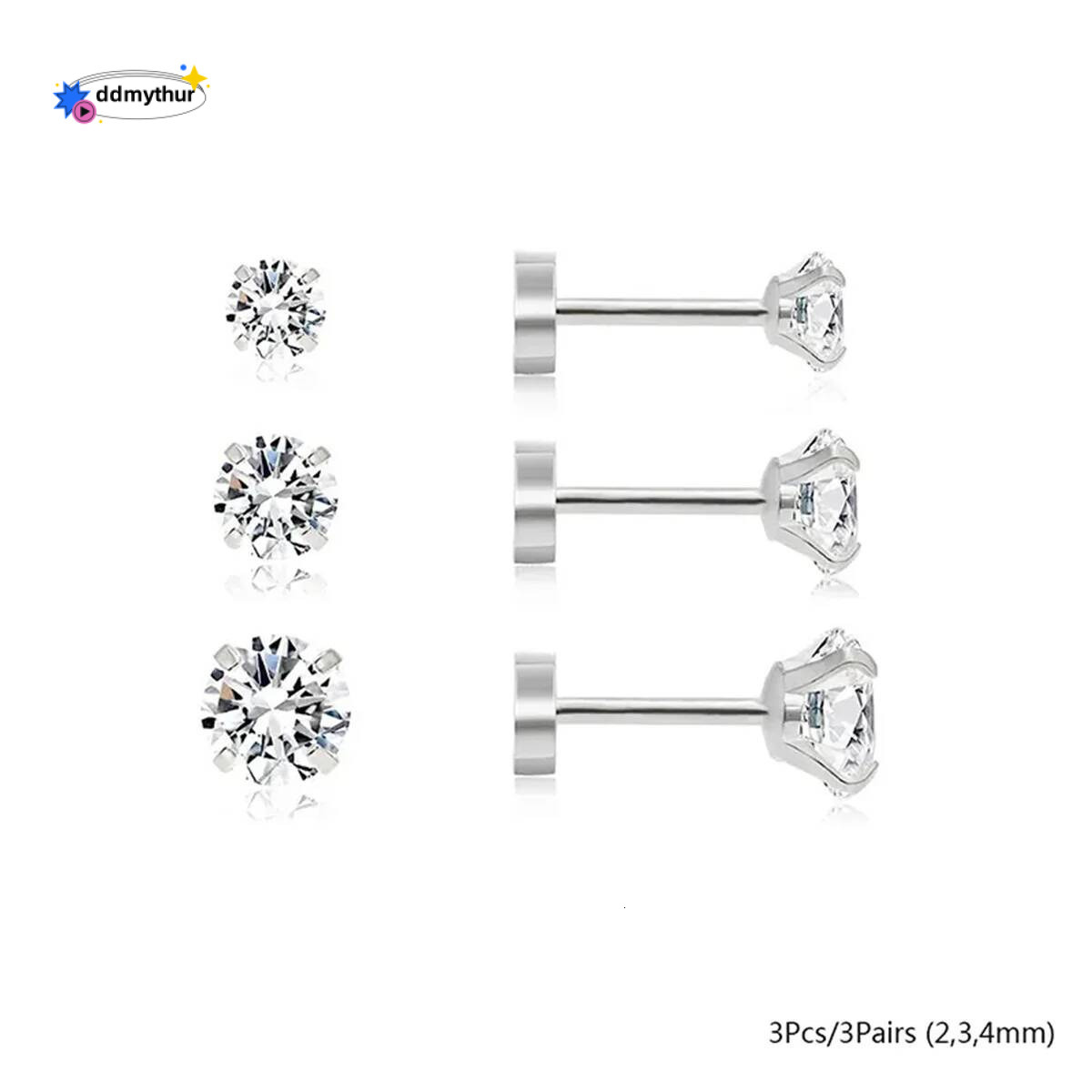 3/5/6/10pcs Hypoallergenic Stainless Steel Flat Stud Cartilage Earrings,Cubic Zerconia Daith Tragus Rook Screw Back Earings ddmythur