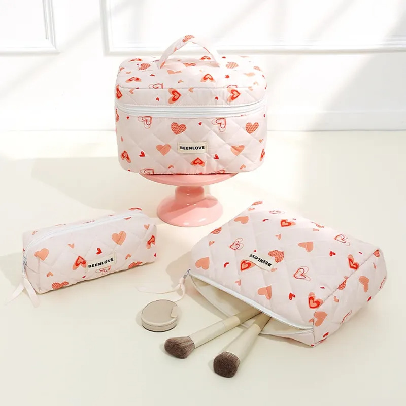 3pcs Aesthetic Makeup Bags Set - Quilted Cotton, Cherry/heart, For Skincare, Toiletry New Free Delivery Designer Bag