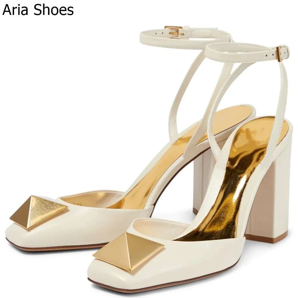 Rivet Square Toe Chunky Heel SandalsShallow Ankle Buckle Strap Pink/white 8cm Sandals Women 2025 Spring Summer New High Heels