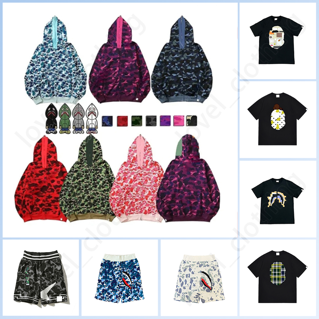 Mens bapeshorts Designer t shirt Hoodies Camo Shark Full Zip Mens Womens Deisigners Hoodie Fashion Hoody Stylist Bapelies Hoodie Mans Summer shorts ij8
