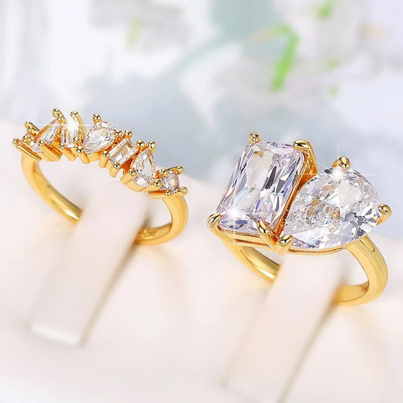 Huitan Waterdrop Rectangle Cubic Zircon Set Rings for Women Gold Color Wedding Party Accessories Fashion Female Jewelry 250519
