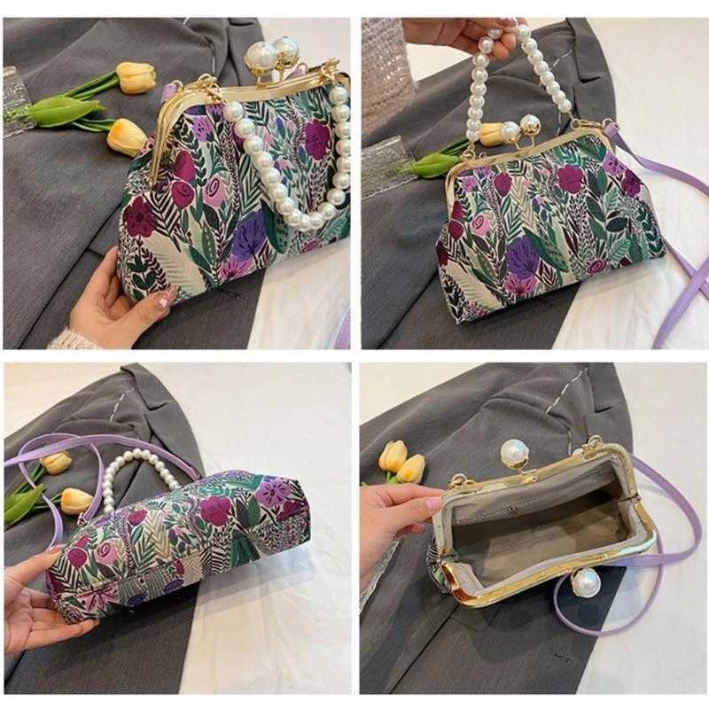 H3CB Womens Embroidered Flower Handbag Evening Purse Shoulder Bag with Pearls Chain and Kiss Lock Closure for Parties Z250510