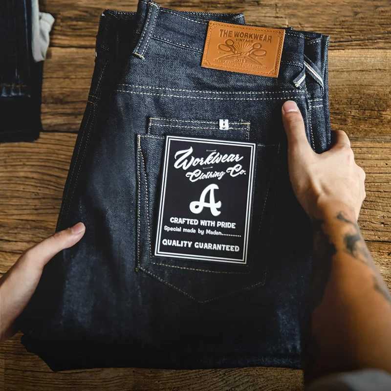 Maden Vintage Denim Jeans Washed Straight Pants Mid Waist for Men 3.5 Oz Heavy Weight Indigo Selvage Jeans Double Layer Pockets W250510