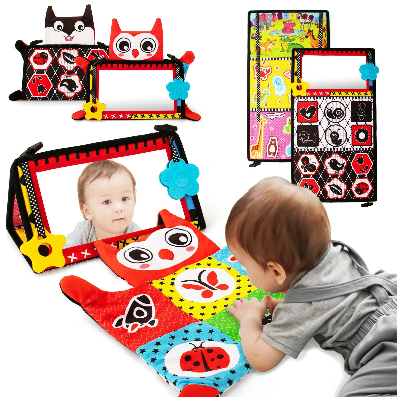 Tummy Time Baby Mirror Toys with Black and White Pattern, High Contrast Activity Play Crinkle Toys Baby Mirror for Newborn 0 3 6 Months
