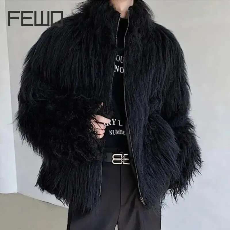 FEWQ Men's Fur Clothing Cotton Jacket Fashion Solid Color 2024 Autumn Winter New Trendy Menwear Stand Collar Loose Top 9C3655