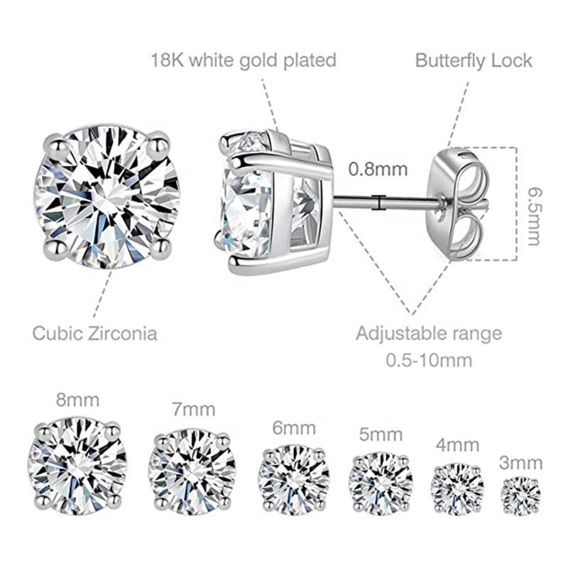 925 Sterling Silver CZ Stud Earrings for Women Classic 4-Prong Round Cut Hypoallergenic Ear Piercing Jewelry Wholesale Gift