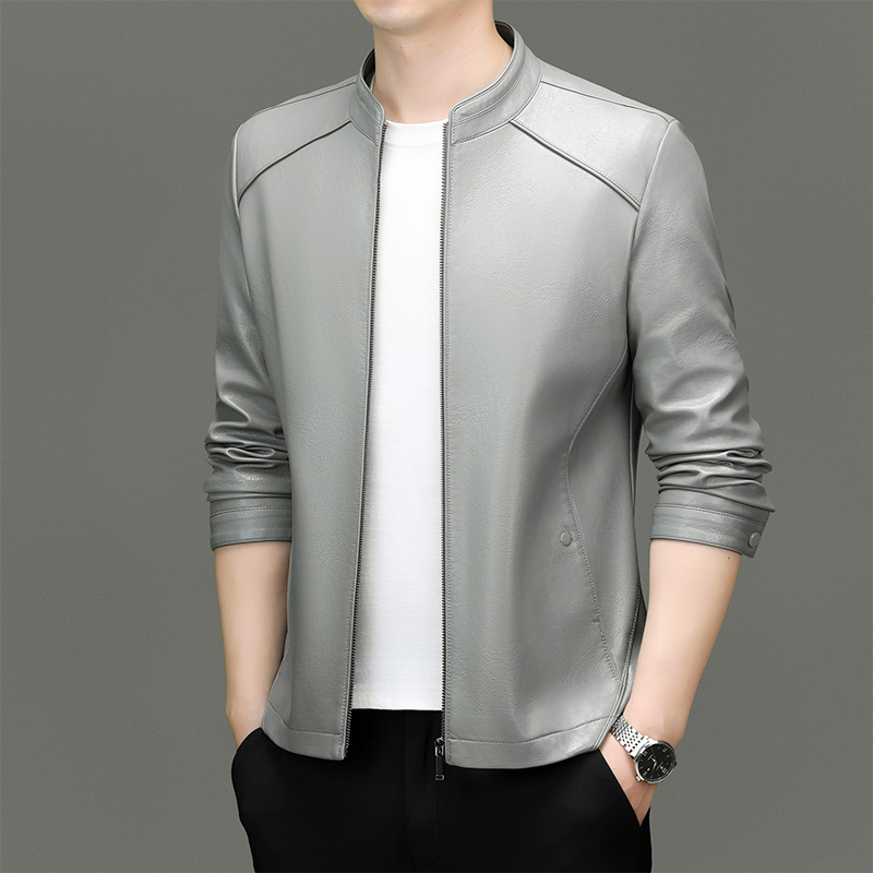 Waterproof Leather Business Jacket for Men - Stand-Up Collar & Easy-Clean Fabric 8555