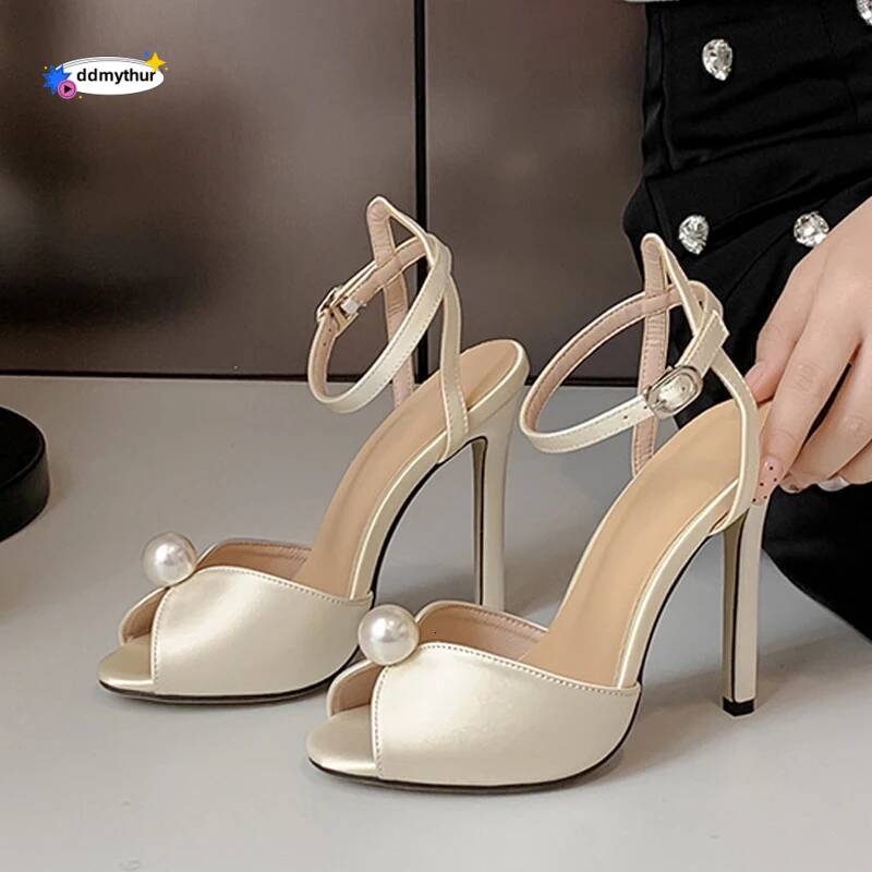 Liyke High Quality Cozy Silk Peep Toe 11CM Thin Heels Gladiator Sandals Women Fashion Pearl Designer Shoes Ankle Strap Sandalias ddmythur