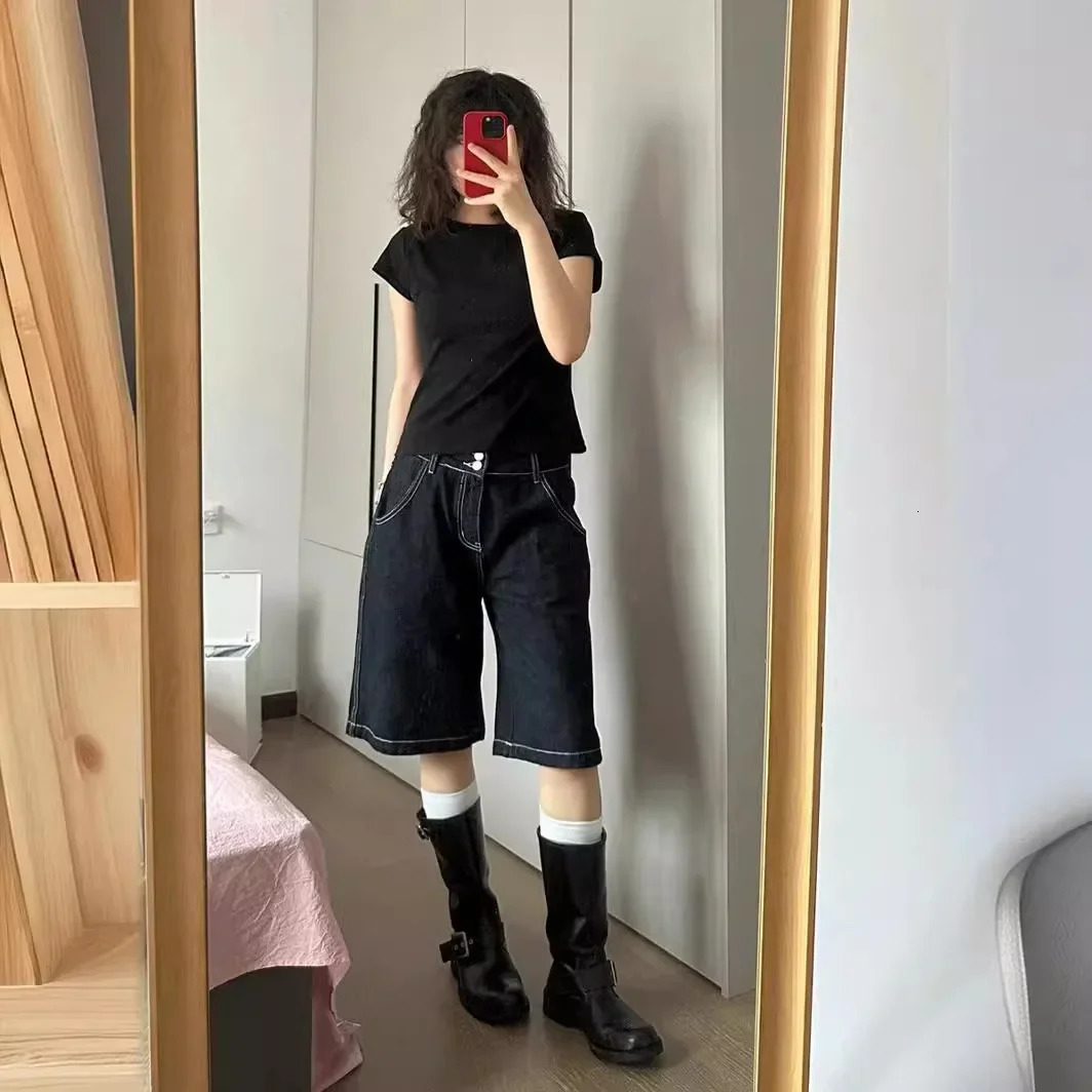 Womens Summer Style Casual LooseFit Slimming HighWaisted Denim Shorts Trendy Cotton Knit StraightLeg MidLength Pants 250506Z