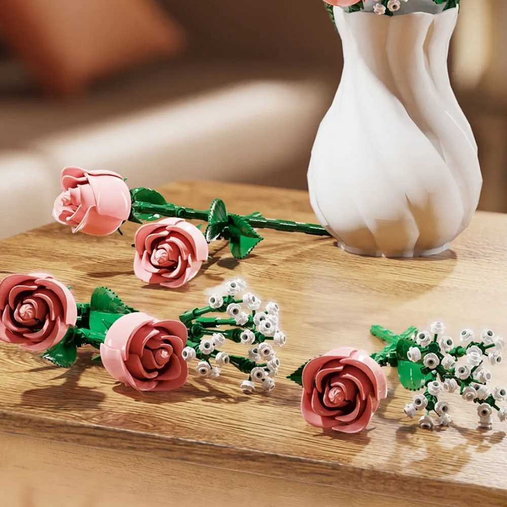 968PCS Pink Roses Romantic Rose Flower Bouquet Building Blocks Creative Plant Decoration Assemble Bricks Toys Gifts Girls Lady X250509