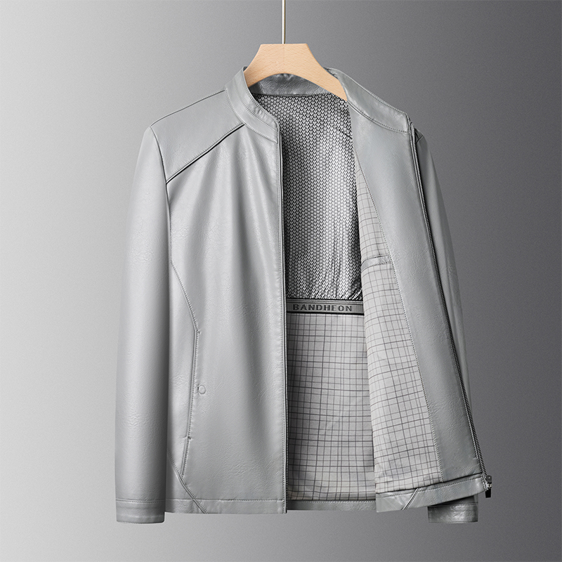 Waterproof Leather Business Jacket for Men - Stand-Up Collar & Easy-Clean Fabric 8555