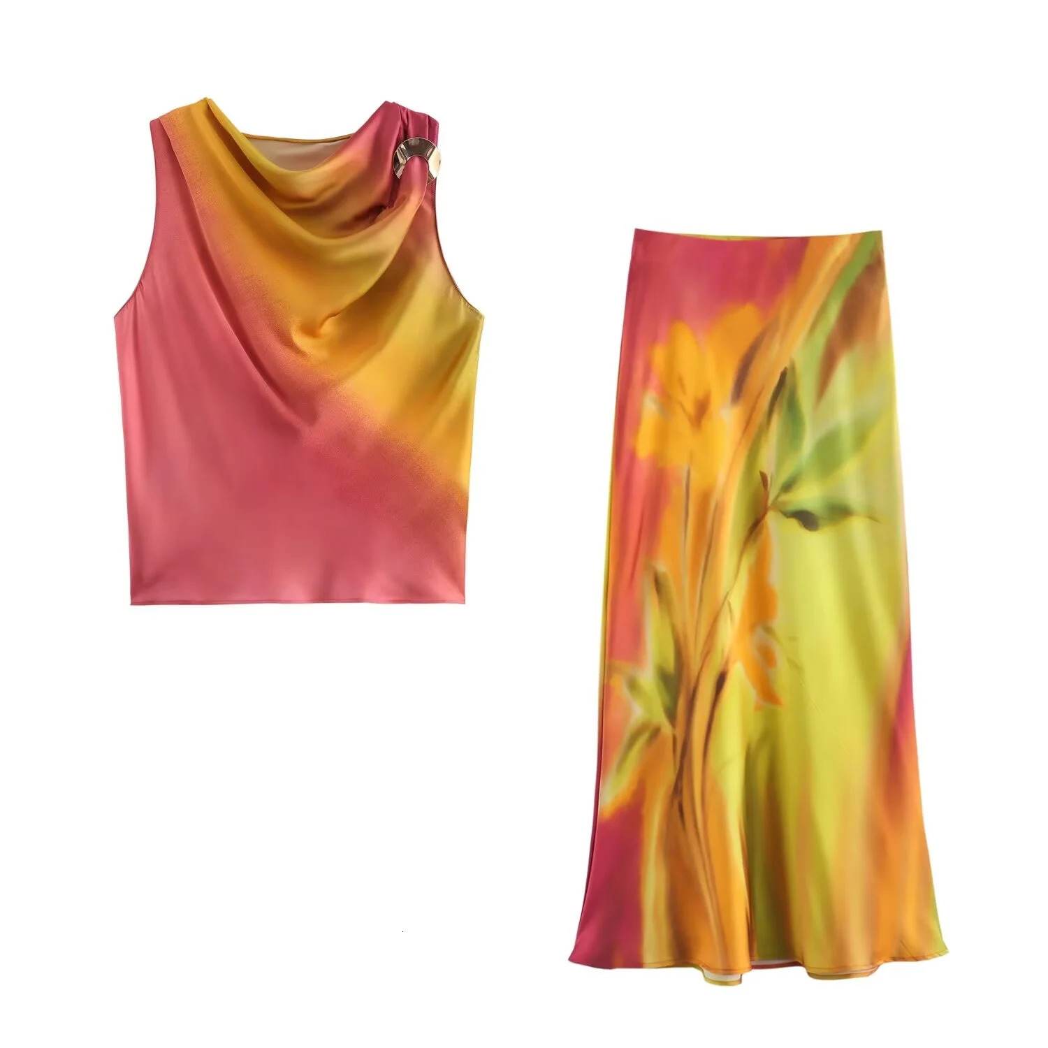 products for autumn 2024 European and American womens printed satin contrasting color sleeveless round neck top half sleeve set 250430Z