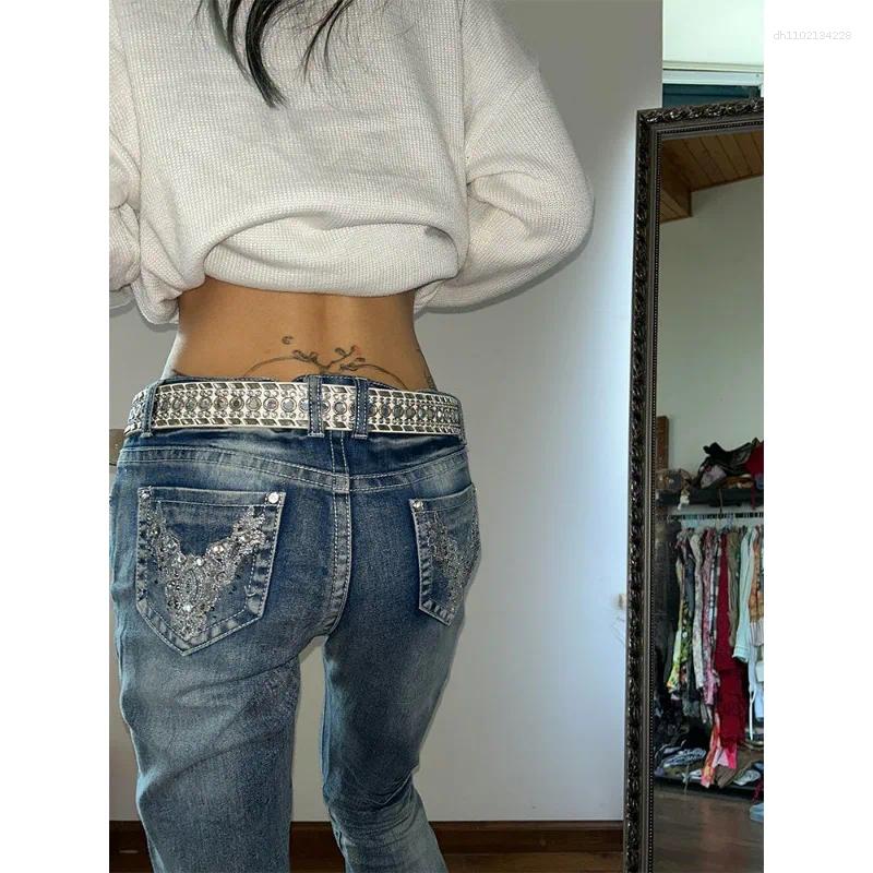 Women's Jeans American Y2k Millennial Girl Low Waisted For Women 2025 Subculture Embroidery Diamond High-quality Straight Pants
