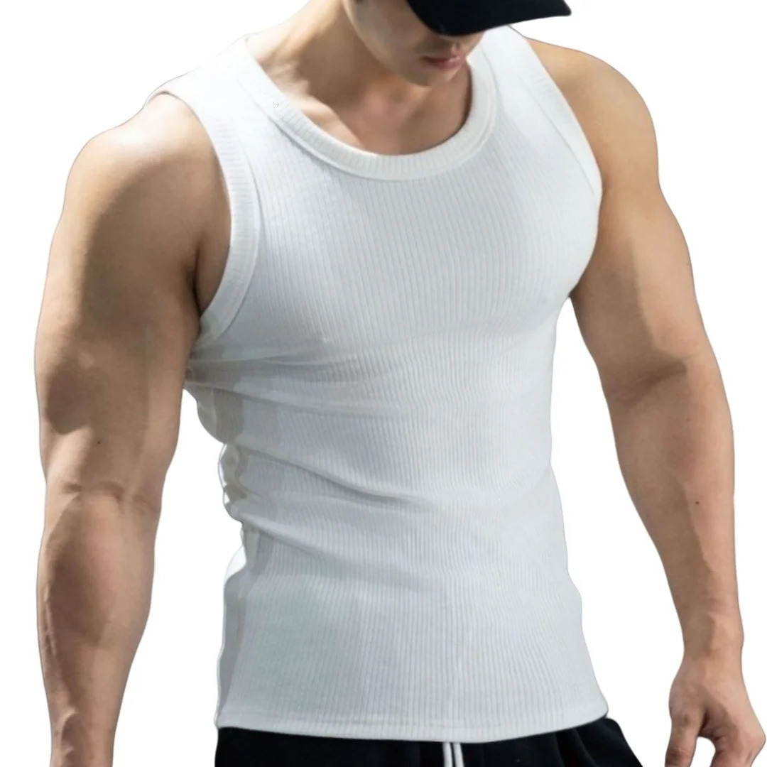 High Quality Threaded Tank Tops Stretch Tight Fit Vest Strong Muscle Building Strong Sleeveless Top Mens Sportswear Summer 250509