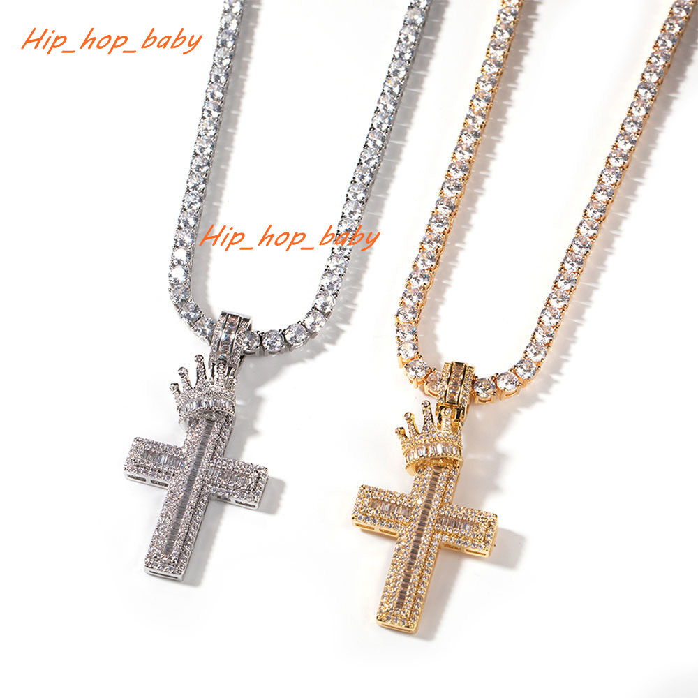 crown cross pendant necklace men Hip Hop punk fashion personality wide GRA moissanite diamond 18k gold sterling silver cuban link chain women