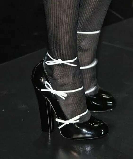 round toe single straps bow detail pumps runway block high heels buckle casual women sexy elegance shoes classic black and white