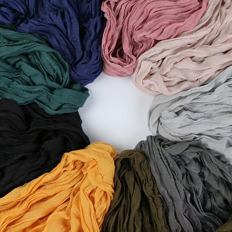 T674 new European and American style foreign trade solid color wrinkled scarf simple and easy to match fashion cotton and linen scarf