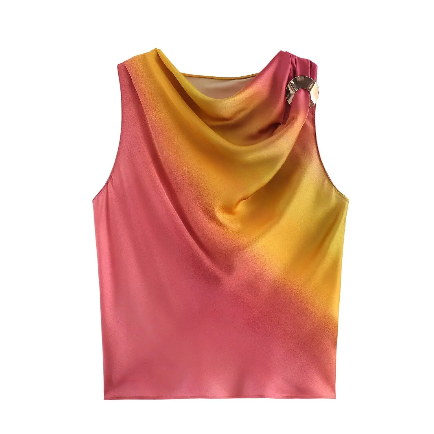 products for autumn 2024 European and American womens printed satin contrasting color sleeveless round neck top half sleeve set 250430Z