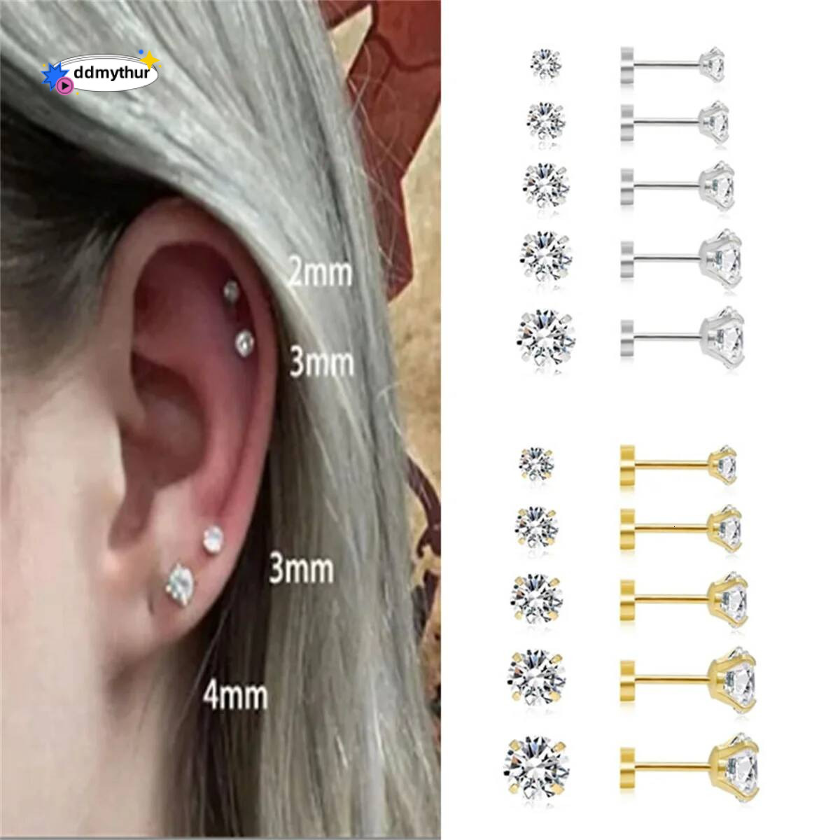 3/5/6/10pcs Hypoallergenic Stainless Steel Flat Stud Cartilage Earrings,Cubic Zerconia Daith Tragus Rook Screw Back Earings ddmythur