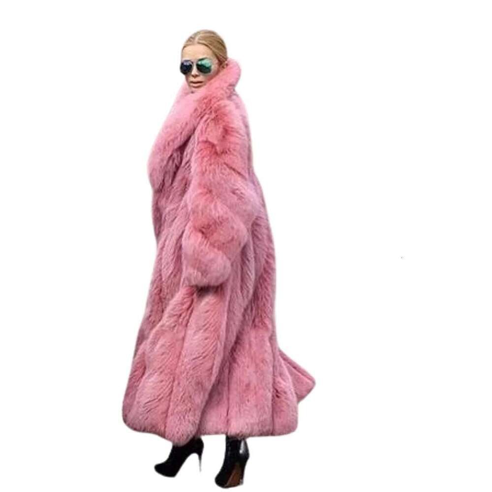 New Winter Fashion Girls Pink Long Lapel Women's Thick Thermal Fluffy Faux Fox Fur Coat