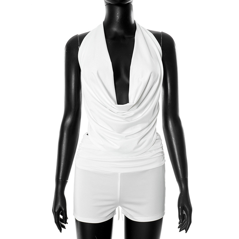Sexy Elegant 2 Piece Set Halter Backless Bandage Swing Collar Tank Tops+Shorts Matching Streetwear Tight Stretch Suit