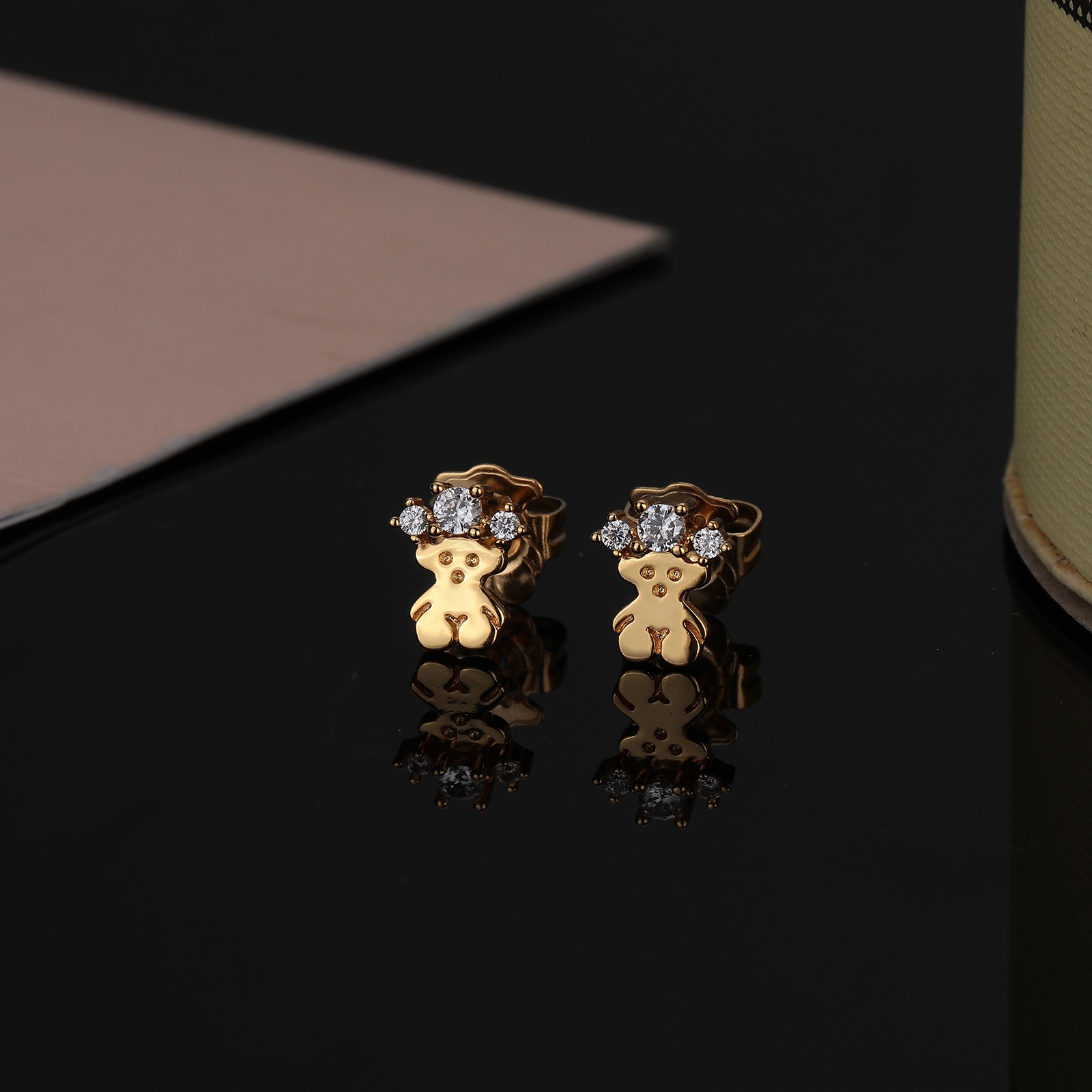 Hot Sale Fashion Women Men Bear Silver Rose Gold Stainless Steel Copper White Color Zircon Cartoon Animal Span Earrings Jewelry