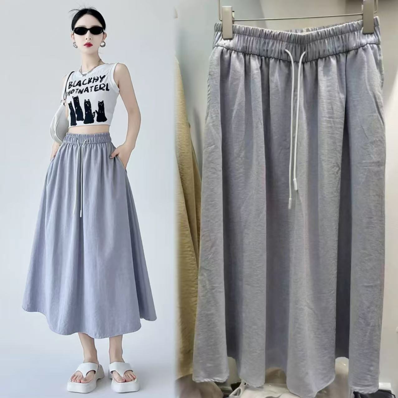 LM3260 Large size casual knee-length skirt 2024 new style drawstring slim large skirt skirt versatile umbrella high waist loose