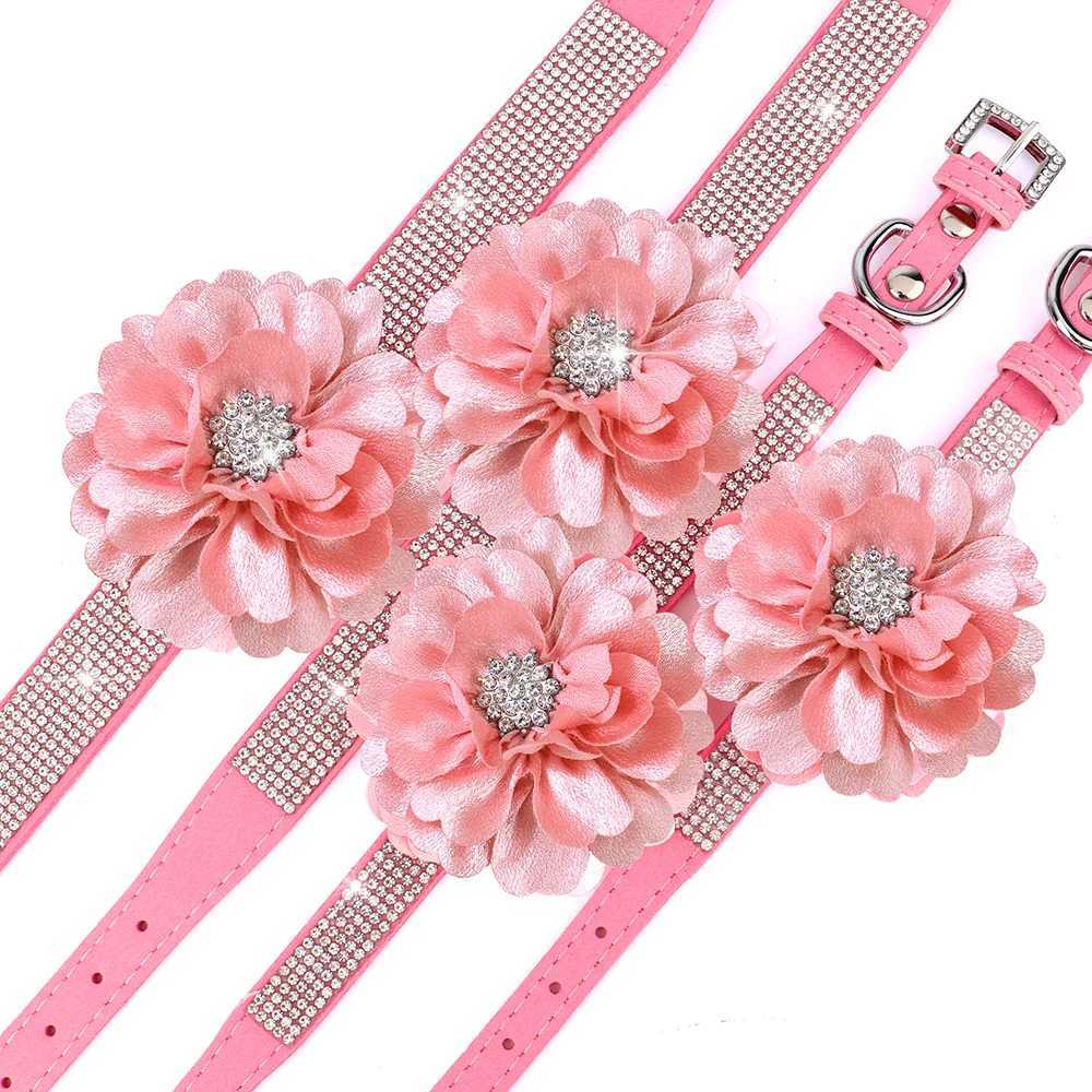 Pink Collar For Dog Bling Rhinestone Pet Collars Glitter Rhinestone Puppy Cat Necklace With Flower Fashion Crystal ChihuahuaXJ241219