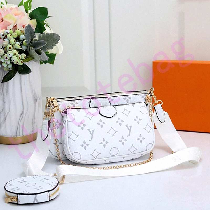 3 Pcs Multi Pochette Accessoires Bag Black Crossbody Designer Women Leather 3 Piece Set Shoulder Bags Chain Clutch Classic Flower Grid Purse Luxury Ha N16h#