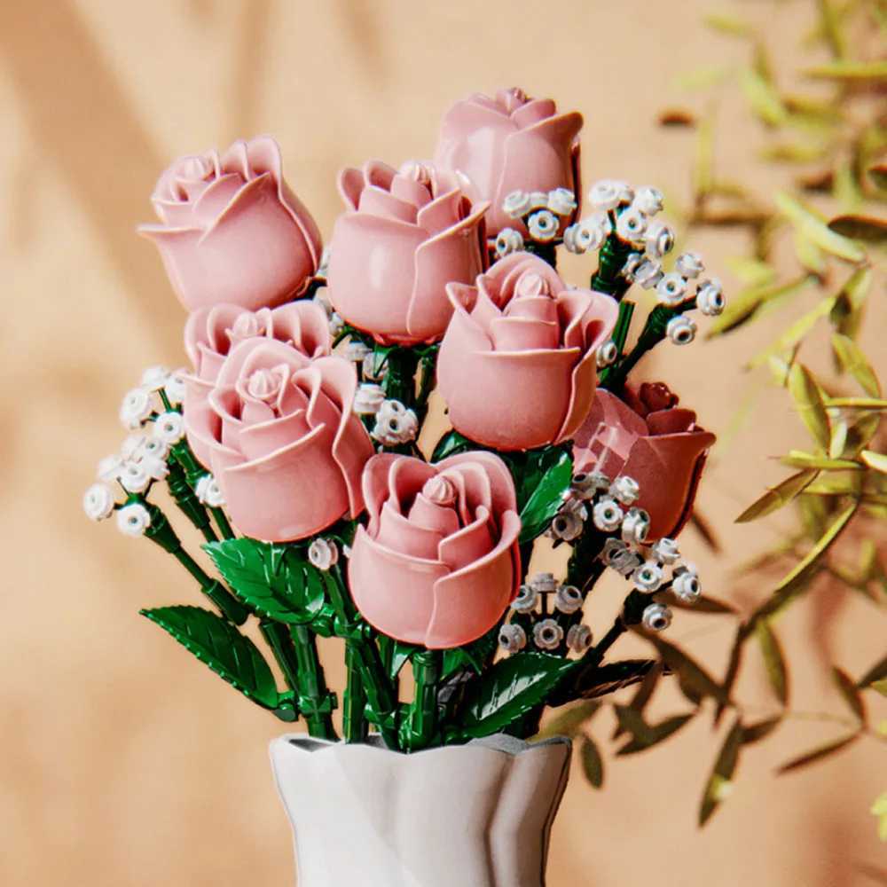 968PCS Pink Roses Romantic Rose Flower Bouquet Building Blocks Creative Plant Decoration Assemble Bricks Toys Gifts Girls Lady X250509
