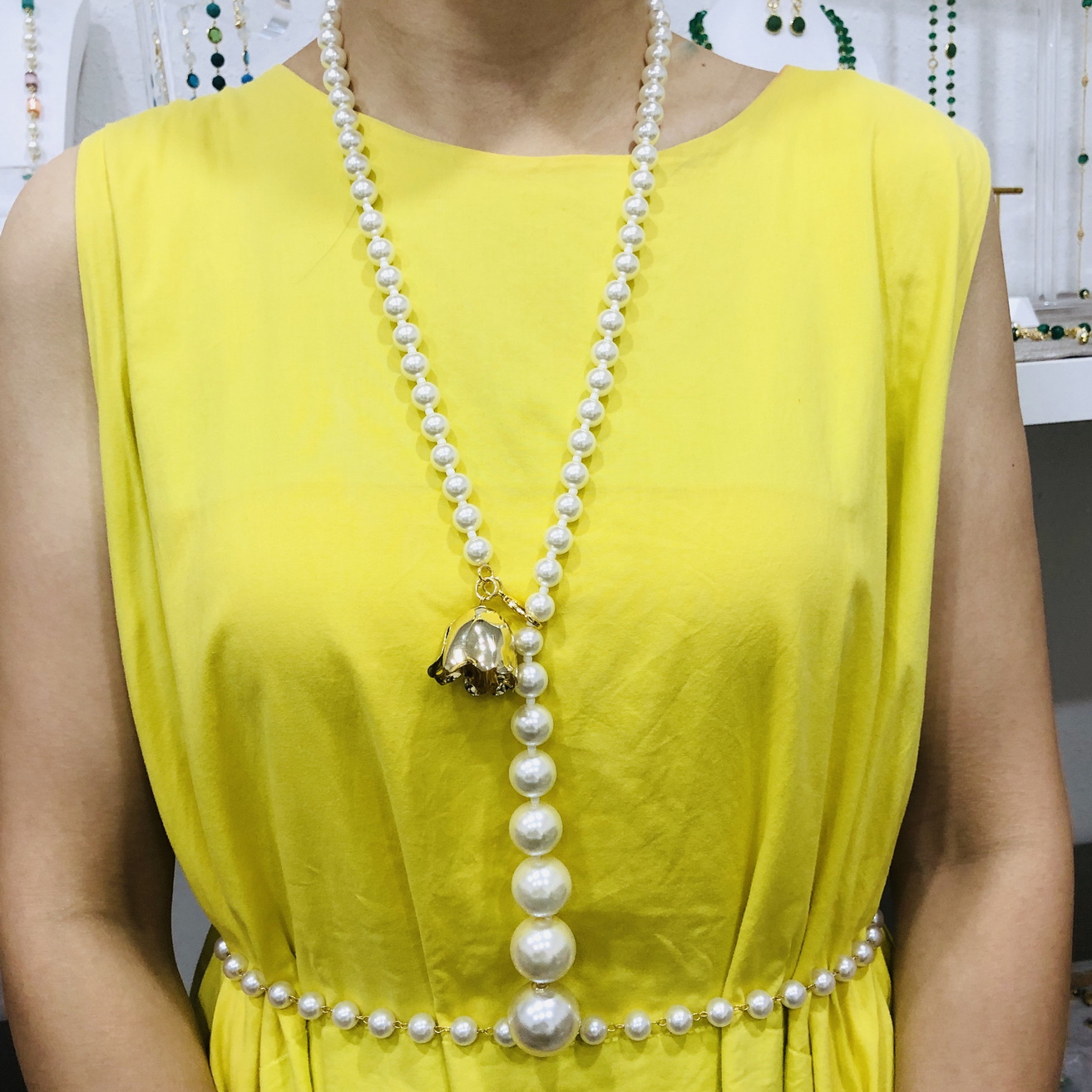 86CM pearl long necklace with gold plated flowers flowers can bloom for women High quality enhances temperament size can adjusted 002