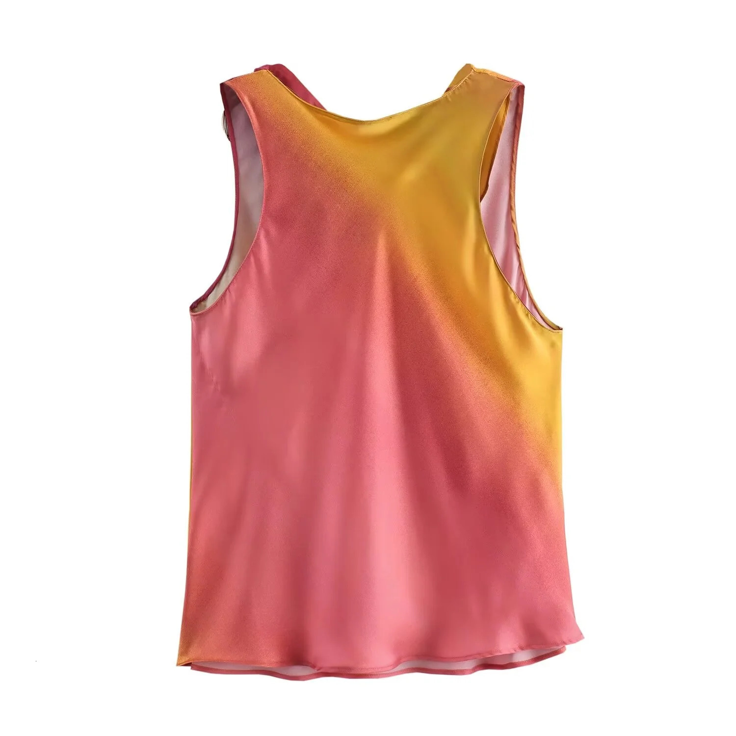 products for autumn 2024 European and American womens printed satin contrasting color sleeveless round neck top half sleeve set 250430Z