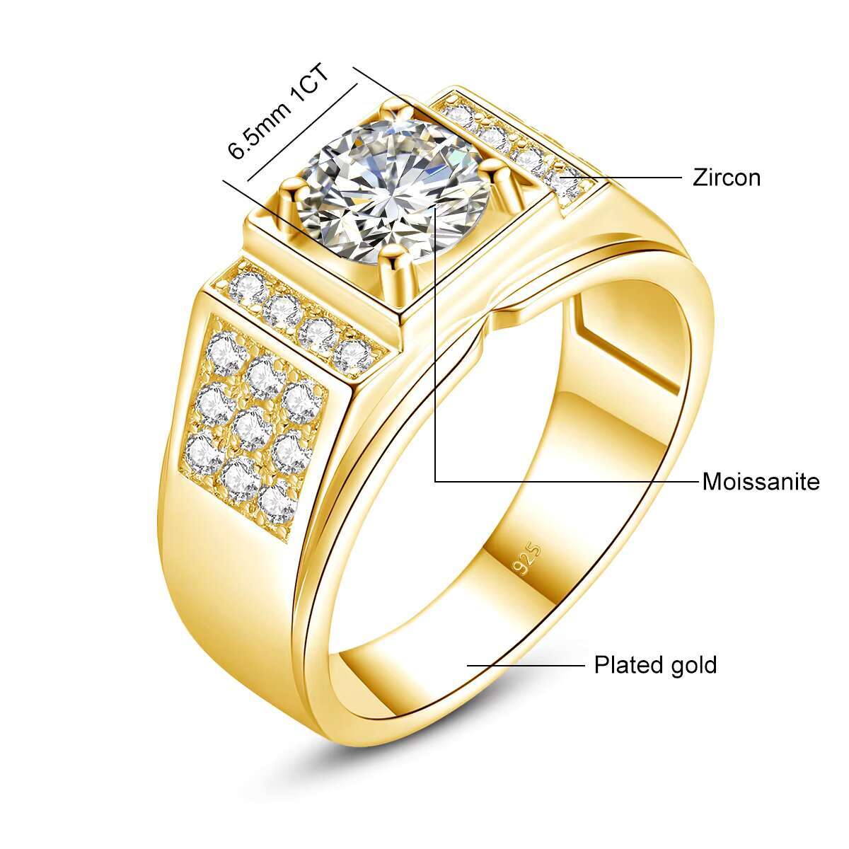 Luxury Man Rings Engagement Wedding 925 Sterling Silver 1 Ct Moissanite Diamond Bague Homme