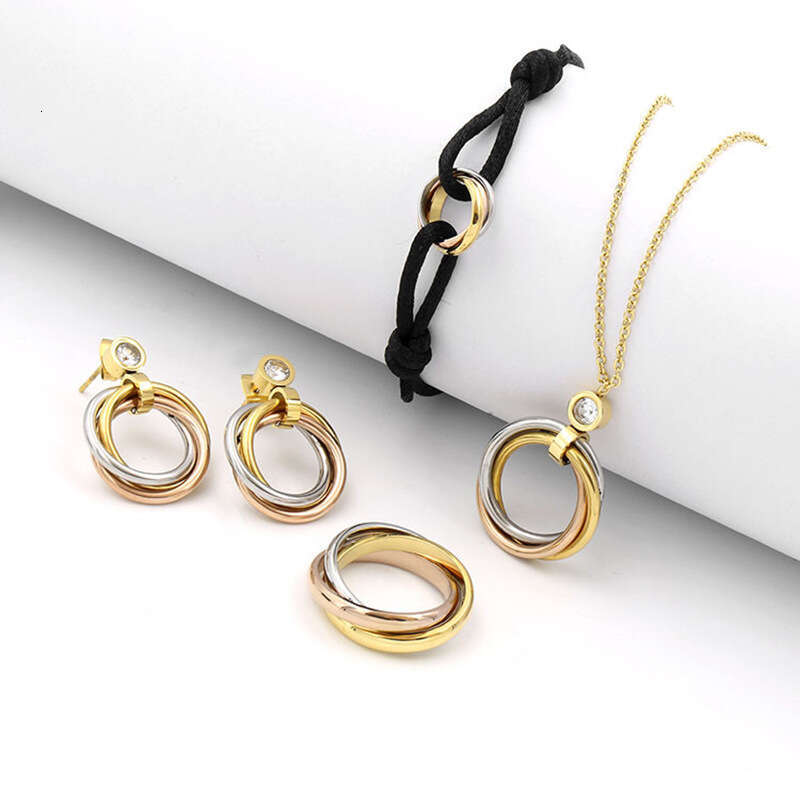 Fashionable, Elegant, Versatile, Color, Three Ring, Single Dia, Indirect Necklace, Earstuds, Hand Rope Set, Combination of Trendy Accessories
