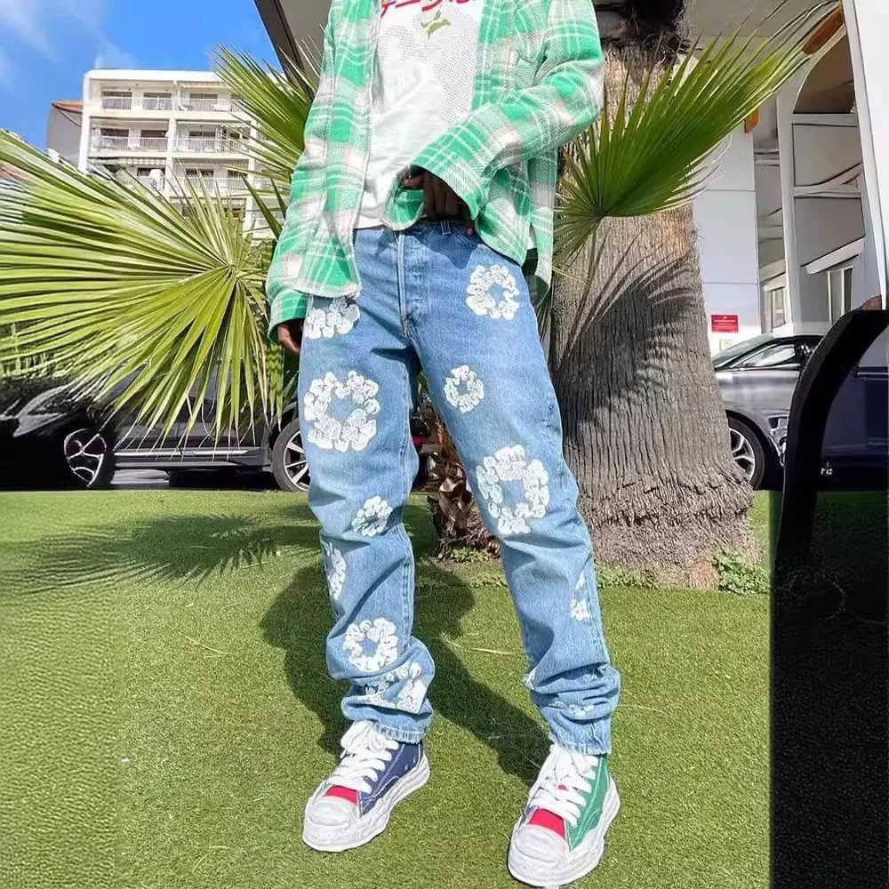 Mens Jeans Denim Pants Fall Winter Casual Aesthetic Flower Print Jeans Baggy Pants Trousers High Waist Fashion Womens Jean Pants W250510