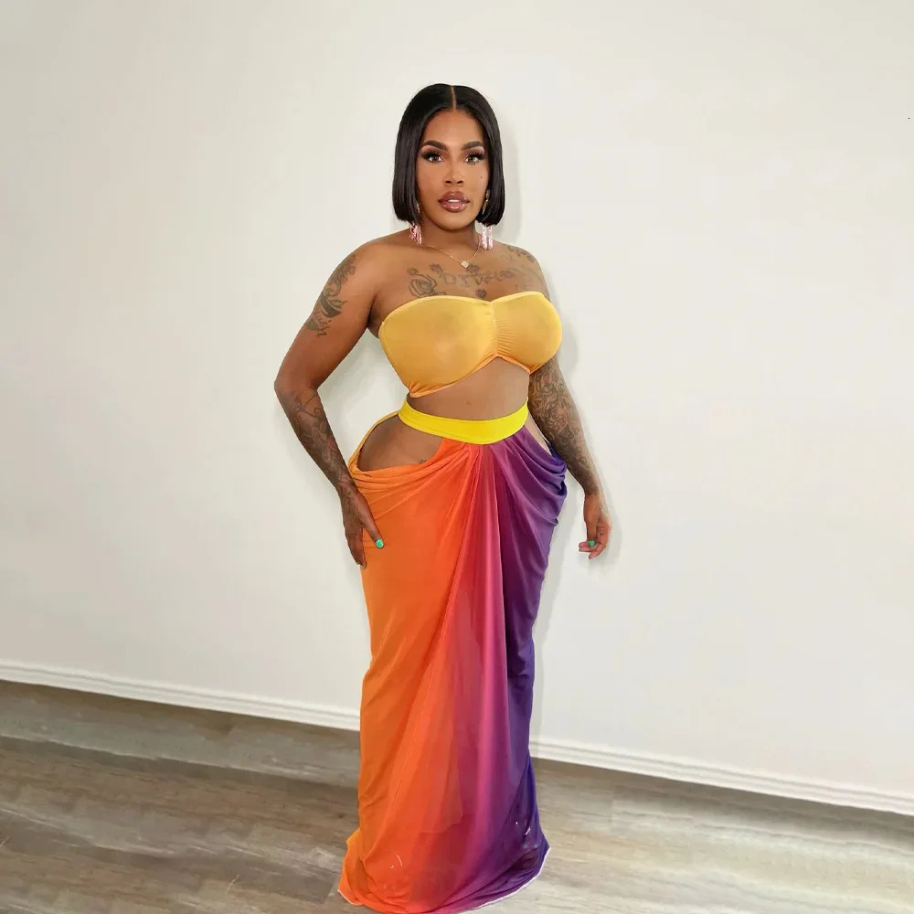 Womens 2piece fashionable and sexy sleeveless printed tube backless top tight pleated Bandeau long suit 250430Z