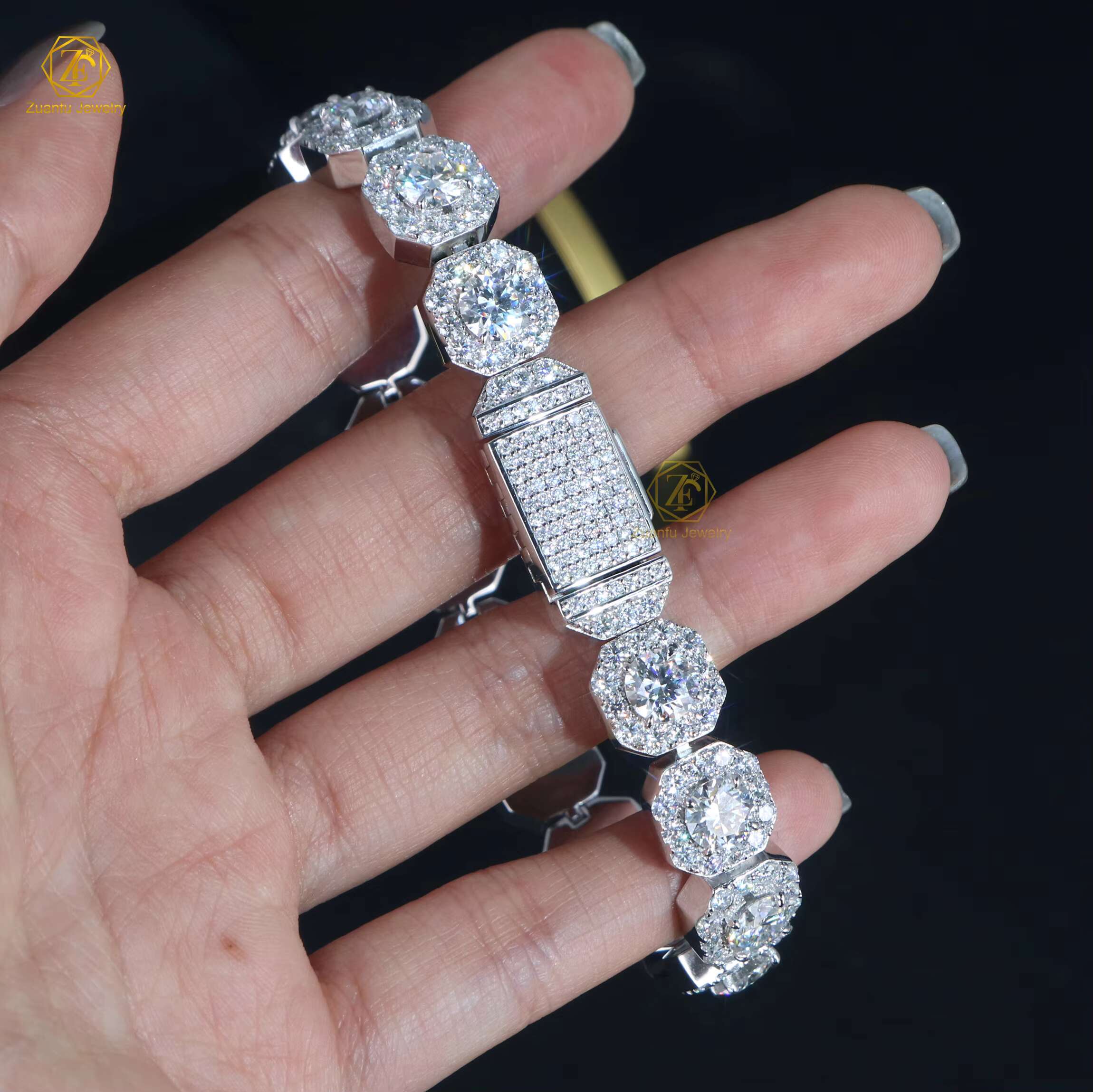 Iced Out 925 Silver D VVS1 Moissanite Chain Hip Hop Jewelry 11mm Square Shape 6.5mm Moissanite Cluster Tennis Bracelet