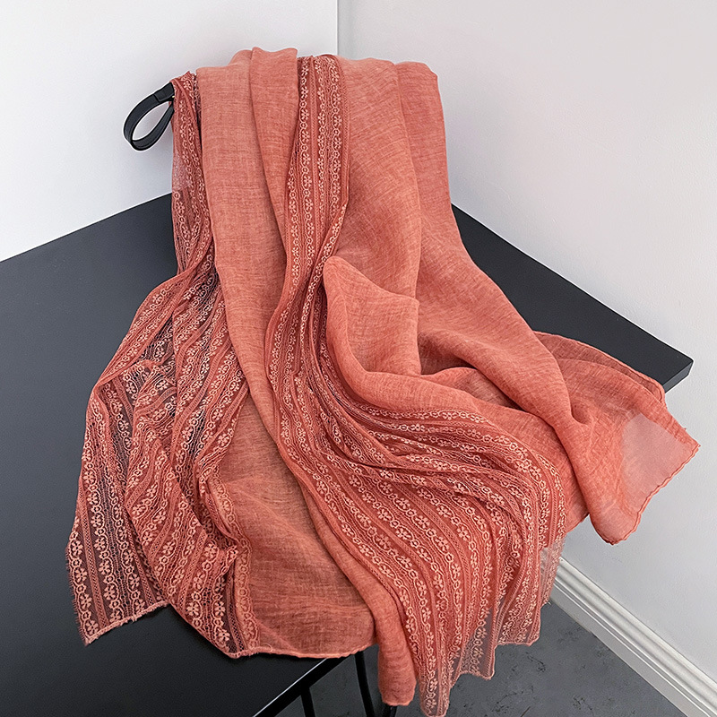 K672 Spring and autumn lace linen long thin scarf Japanese and Korean ladies fashion solid color shawl high-grade cotton and linen scarf